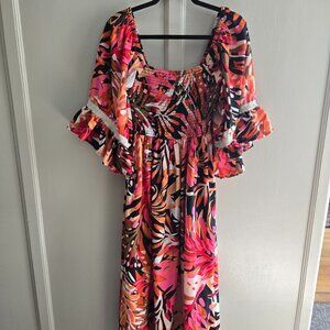 Truly 4 U | Multi-Colored Smocked Ruffle Bell-Sleeve Midi Dress | L